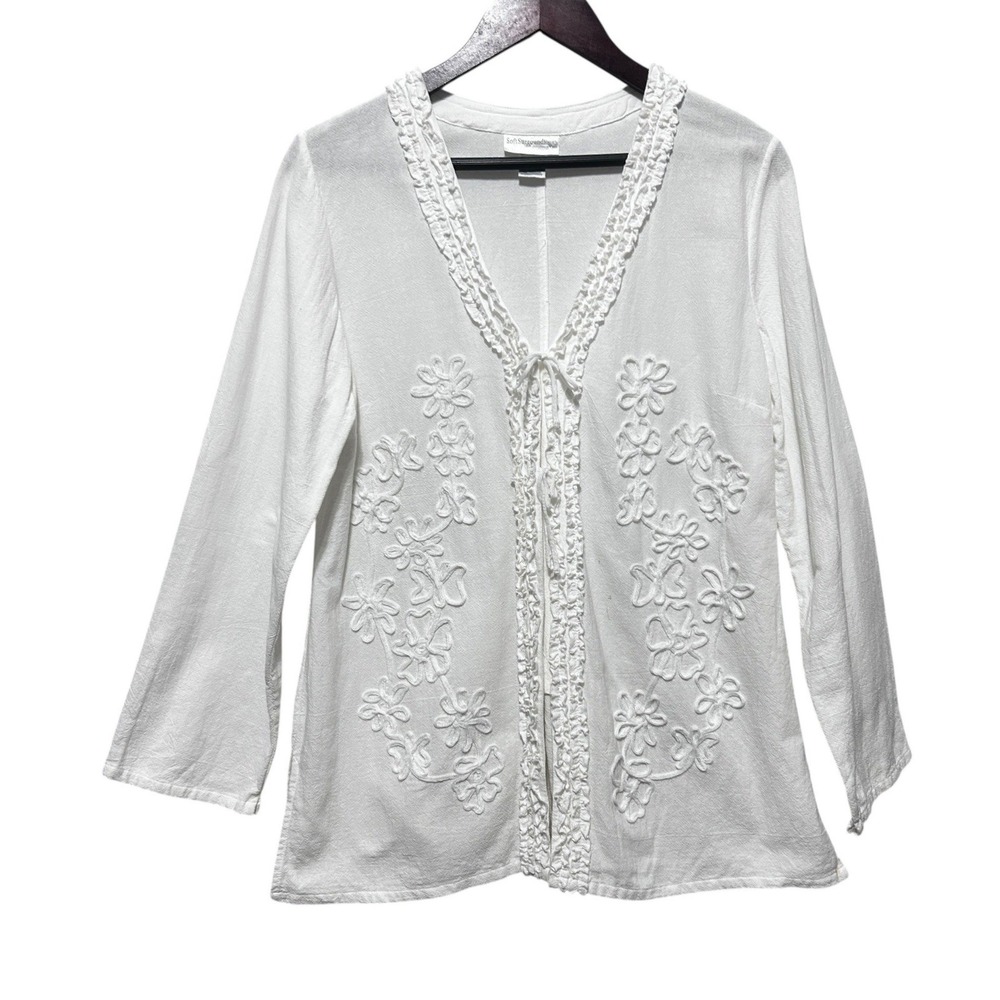Soft Surroundings Womens Boho Cottage Top MP White Floral Embroidered Tunic Lace